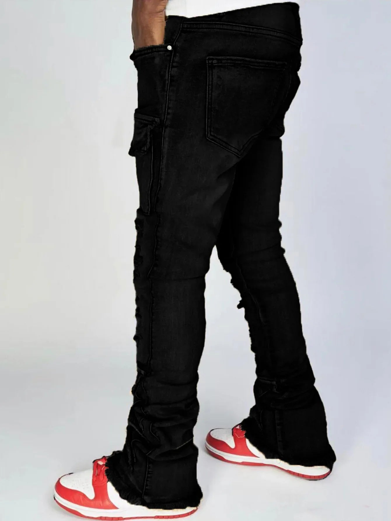 Men Jeans Long Pant Denim Flare Pants Hole Straight Trousers Slim Fit High Waist Casual Button Pocket Splice Autumn Winter