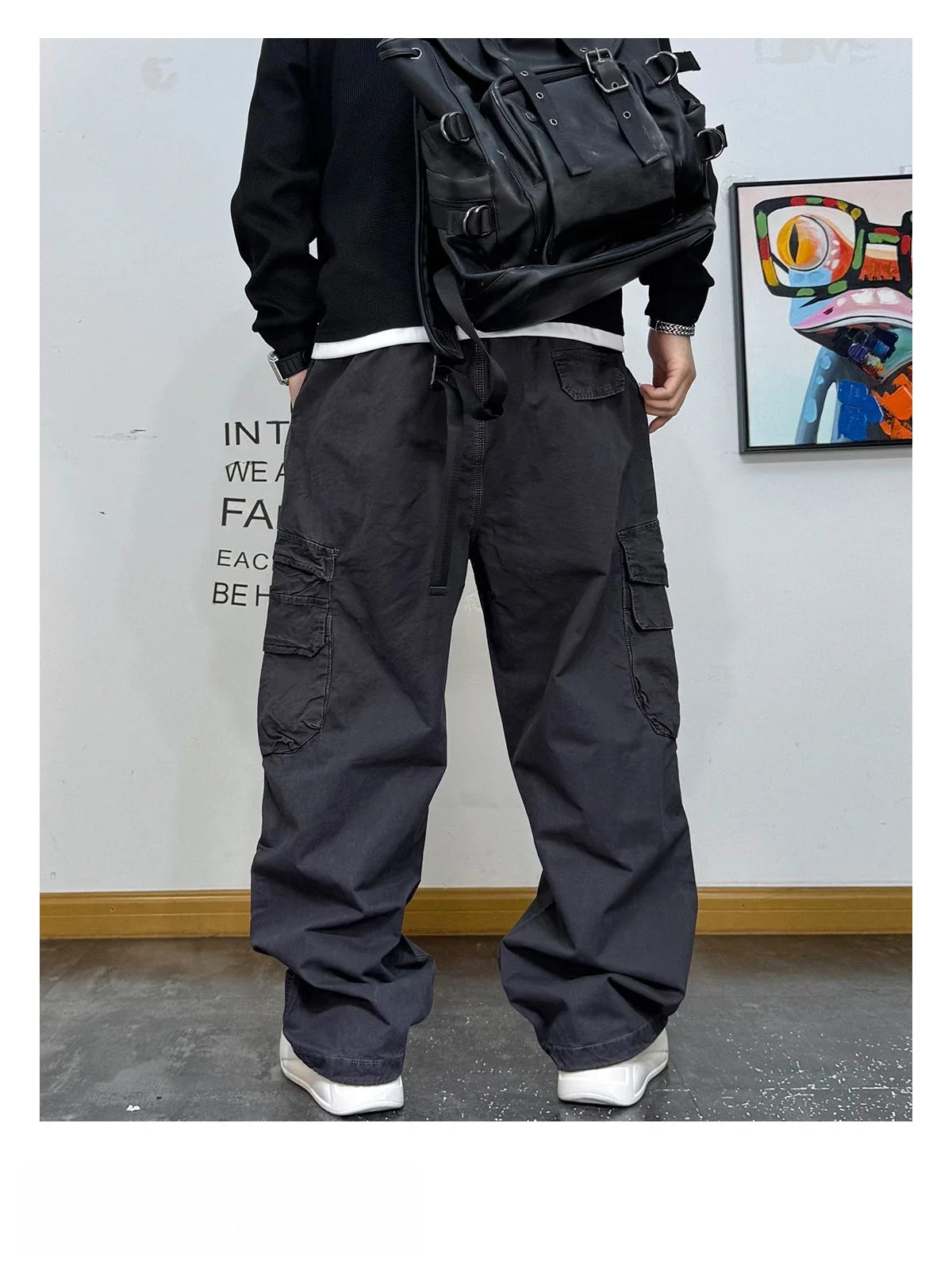 American Premium Cargo Pants Mens Pleated Baggy Multi Pocket Streetwear Oversized Straight Leg Casual Spring Fall Trendy Male