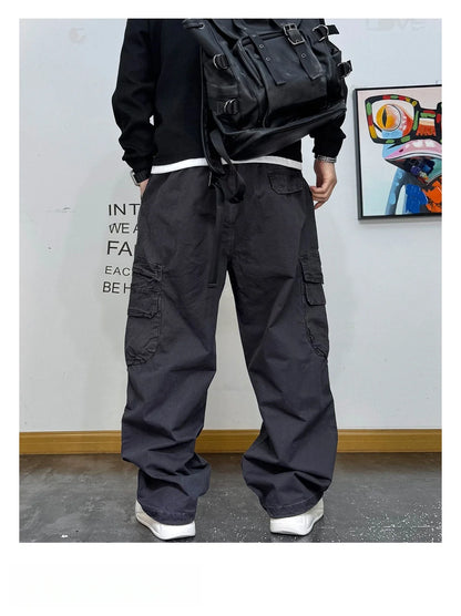 American Premium Cargo Pants Mens Pleated Baggy Multi Pocket Streetwear Oversized Straight Leg Casual Spring Fall Trendy Male