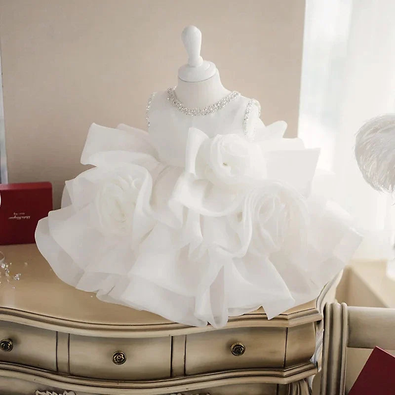 Children White Lace Tulle Dresses Evening Party Kids Sleeveless Ball Gowns 1st Birthday Baby Girl Princess Ceremonial Dress