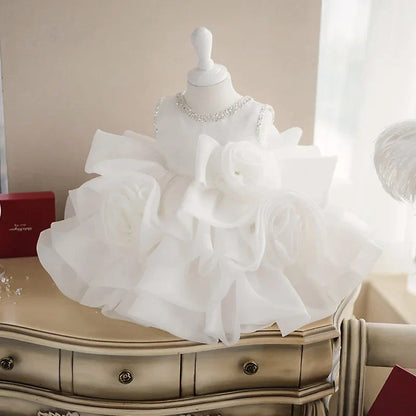 Children White Lace Tulle Dresses Evening Party Kids Sleeveless Ball Gowns 1st Birthday Baby Girl Princess Ceremonial Dress