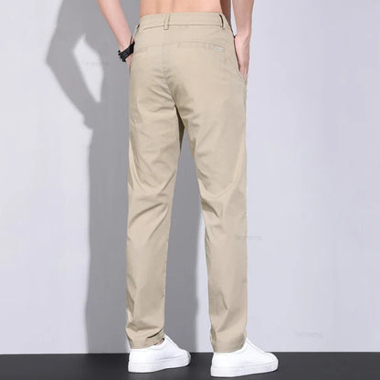 Ultra-thin Elastic Men's Casual Pants 2024 Summer Ice Silk Cotton Fashion Slim Straight Business Trousers Black Gray Khaki
