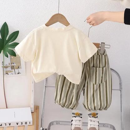 New Summer Baby Clothes Suit Children Boys Striped Pocket TShirt Capri Pants 2Pcs/Sets Toddler Casual Costume Kids Tracksuits