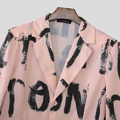 Men Blazer Printing Lapel Long Sleeve Button Korean Style Casual Male Suit Streetwear 2025 Elegant Fashion Thin Coats