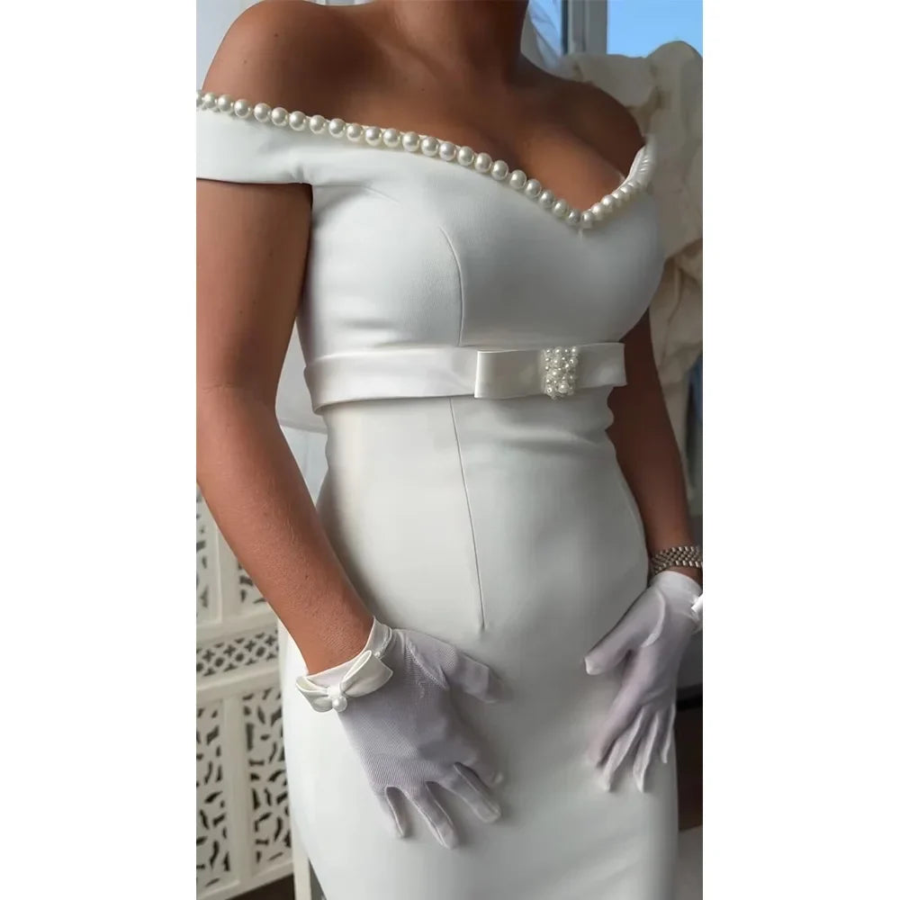 Cocktail Dresses for Women Pearls Off the Shoulder V Neck Belt Column Cocktail Gowns Ivory Short Formal Party Dress Mini
