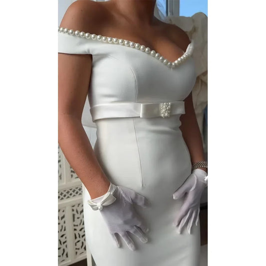 Cocktail Dresses for Women Pearls Off the Shoulder V Neck Belt Column Cocktail Gowns Ivory Short Formal Party Dress Mini