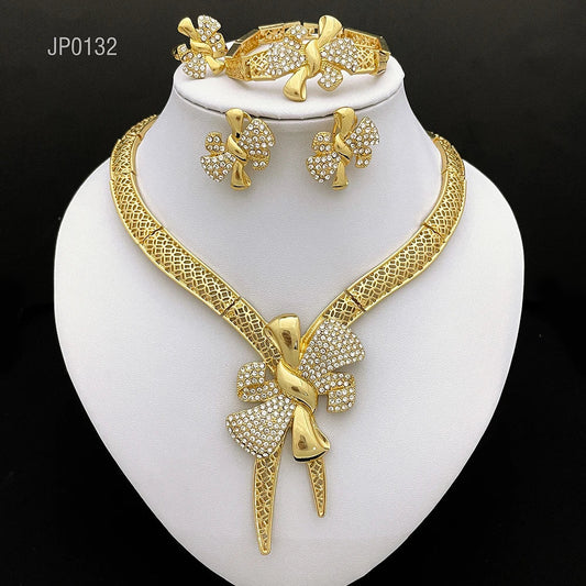 Italy 18k Gold Plated Women Jewelry Set Classic Design Bowknot Necklace Earring Bracelet And Ring 4PCS Set Jewelry Wedding Party