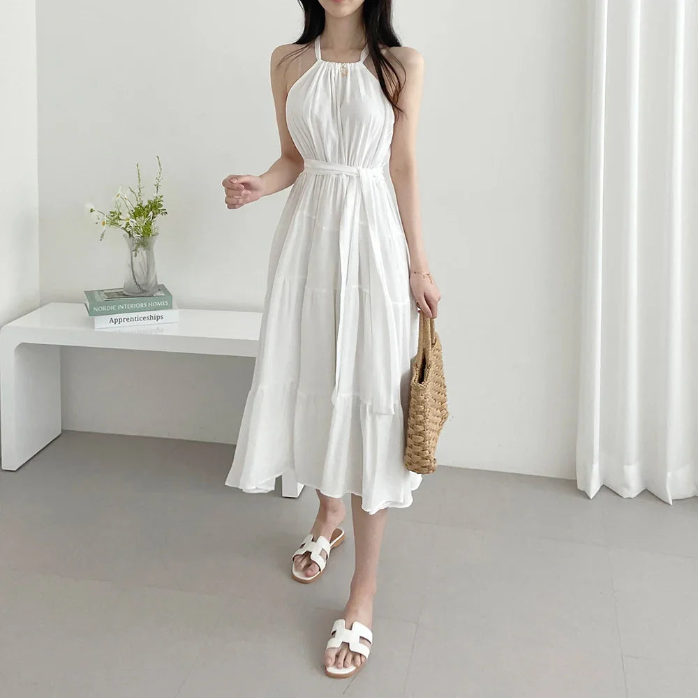 Korean Style Summer Slimming Necktie Waist Cinched Sleeveless Vest Long Dress Women's Fashionable Commute Style Inner Wear