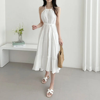 Korean Style Summer Slimming Necktie Waist Cinched Sleeveless Vest Long Dress Women's Fashionable Commute Style Inner Wear