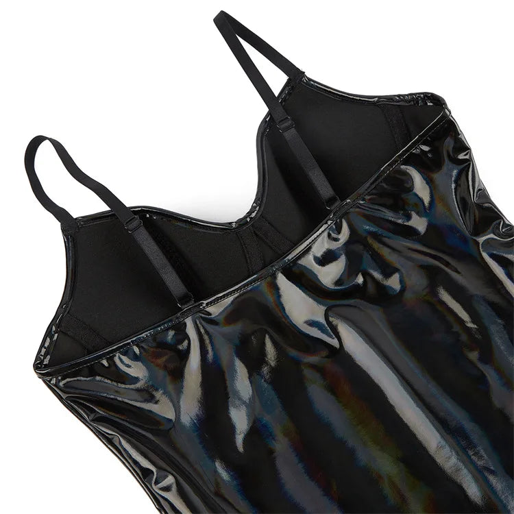 Wet Look Shiny PU Leather One-piece Bodysuits Women's Lingerie Swimsuit Spaghetti Strap Bra Push Up Overbust Corsets