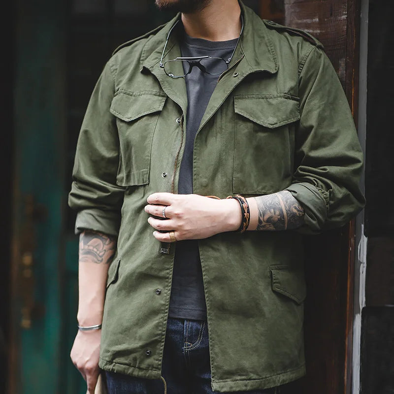 Military M65 Field Jackets For Men's Green Vintage Army Jacket Casual Windbreaker Solid Lapel Collar with Pockets Overcoat