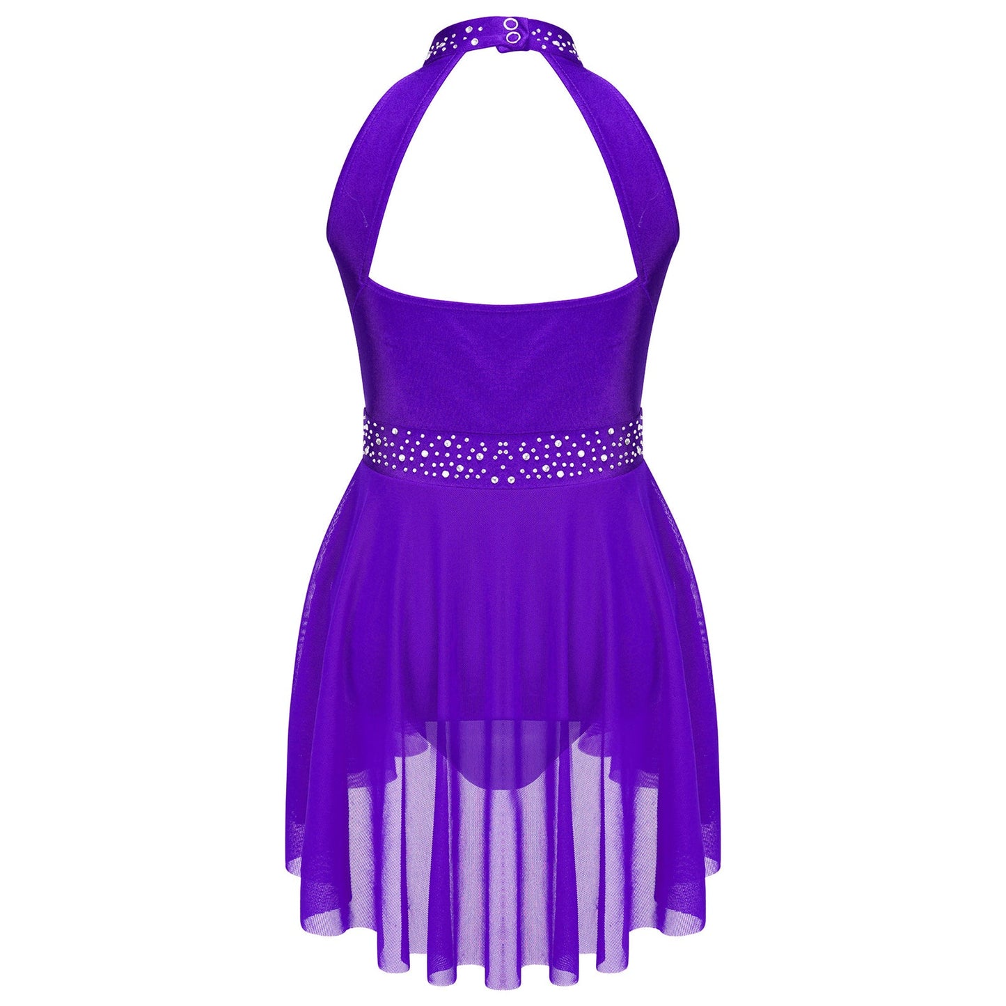 Kids Girls Gymnastics Figure Skating Ballet Lyrical Dance Costume Dress Side Split Sheer Mesh Ruched Glittery Rhinestones Dress