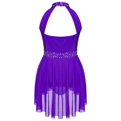 Kids Girls Gymnastics Figure Skating Ballet Lyrical Dance Costume Dress Side Split Sheer Mesh Ruched Glittery Rhinestones Dress