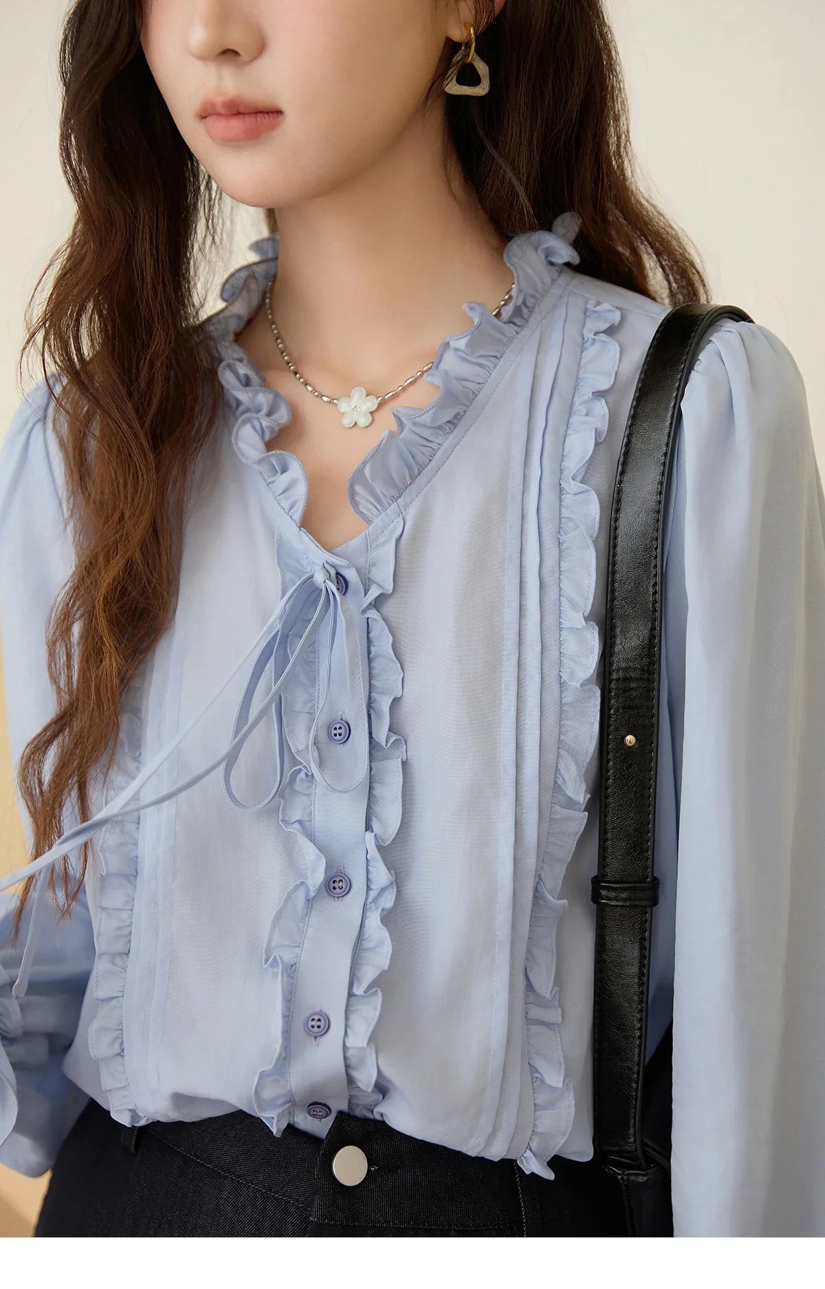 100% Lyocell Women's Blue Shirt 2025 Autumn French Ruffles Long Sleeves Ties Blouse Office Lady Elegant Top MXE45X2484