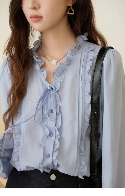 100% Lyocell Women's Blue Shirt 2025 Autumn French Ruffles Long Sleeves Ties Blouse Office Lady Elegant Top MXE45X2484