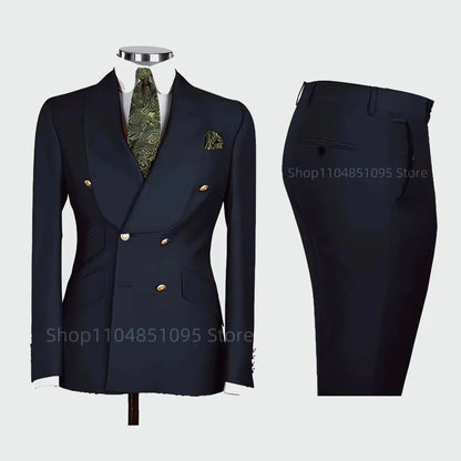 2 PCS Men's Smart Casual Solid Formal Tuxedo Suits with Shawl Lapel Double Breasted Jacket And Pants for Business And Wedding