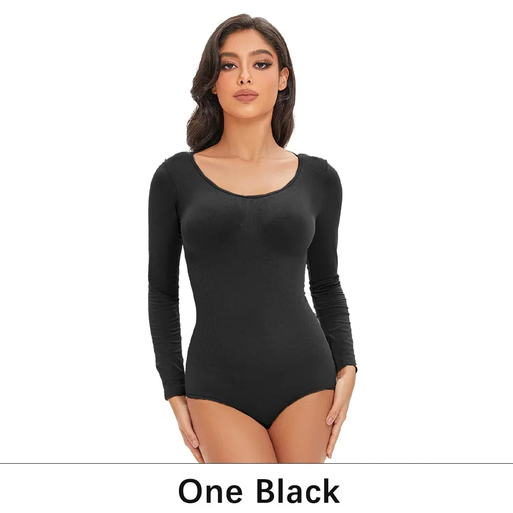 Spandex Elastic Body Suit Shapewear Women Body Shaper Tummy Control Long Sleeve Open Crotch Round Neck Seamless Shapers