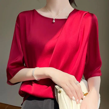 Fashion Casual Loose Ladies Solid Color Silk Short Sleeve T-Shirt Simplicity Elegant Trend Temperament Pullovers O-neck