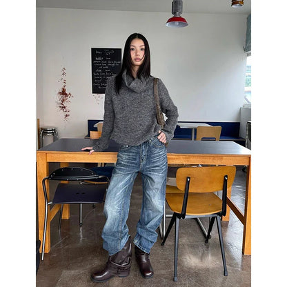 Blue Straight Leg Slim Fit Jeans Women's American Retro  Casual Cotton Denim Pants Youth Stand Fit Jeans