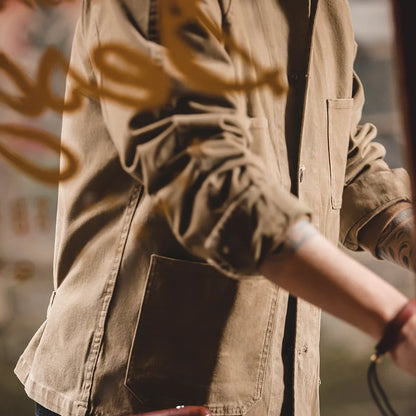 Heavyweight Twill Fabric Four-pocket Chore Coat for Men Khaki Color Turn-down Collar Utility Jacket Male Autumn Jackets