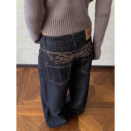 Women Chic Baggy Embroidery Jeans Grunge Japanese Low Rise Y2K Denim Pants 2000s Aesthetic Harajuku Abi Grunge Cyber Punk