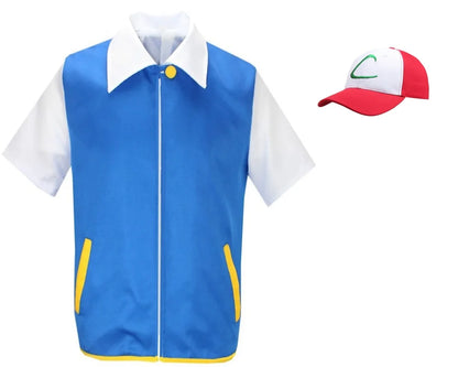 Anime Blue JacketP-PokemonING Go Men Cosplay Costume Boys Ash Ketchum For Halloween Party Trainer Gloves Cap Set Christmas Gift