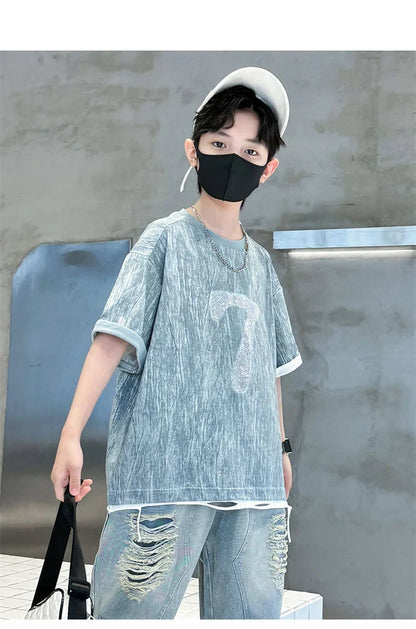 Cool Cowboy Outfit Costume Suit for Kids Child Summer Clothes Set Denim T-shirt and Ripped Shorts Clothes Set for Teens Boy 5-14