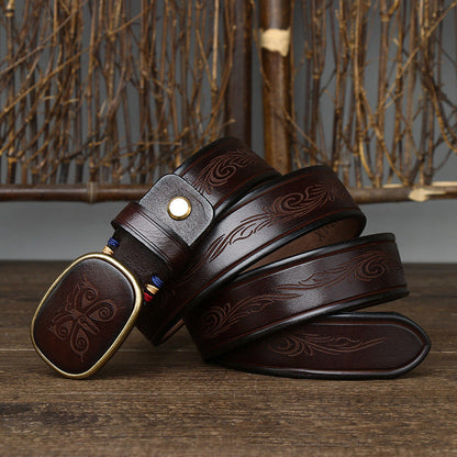 3.5CM Pure Cowhide High Quality Genuine Leather Belts for Men Laser Engraving Strap Male Smooth Buckle Jeans Cowboy Luxury