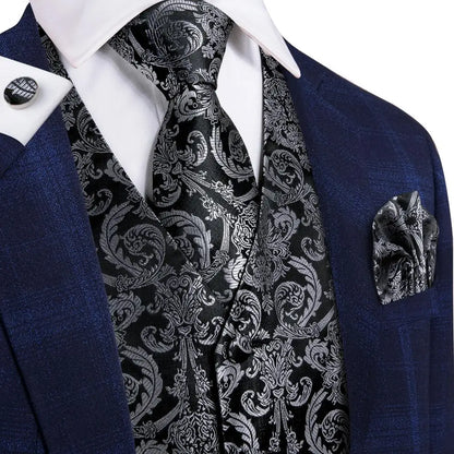 Hi-Tie Black Luxury Paisley Men's Vest Set Hanky Cufflinks For Wedding 100% Silk Vest For Men Gold Waistcoat Yellow Classic Vest