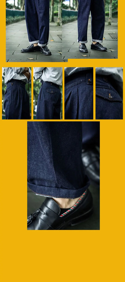 Autumn vintage workwear washed blue jeans loose straight leg pants wide leg pants organ button Gurkha pants