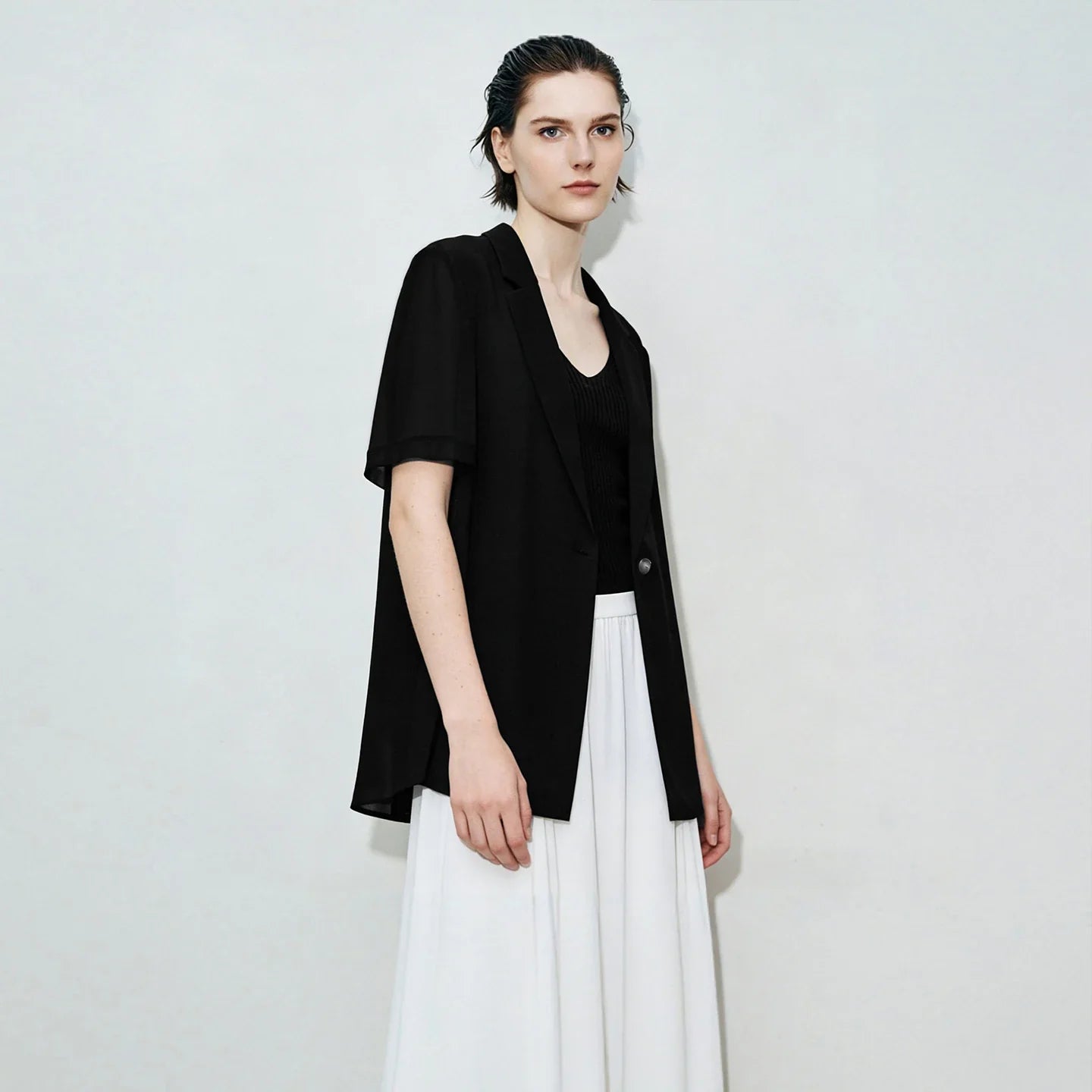 Women's Blazer 2026 Summer New Notched Lapel Chiffon Splicing Short Sleeve Jacket Women's Single Button Casual Top 12622126