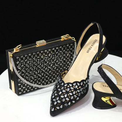 Low Heel Shoes for Women Hollowed Out Embroidery Rhinestone Italian Design Gold Color Pointed-Toe Shoes and Bags Set