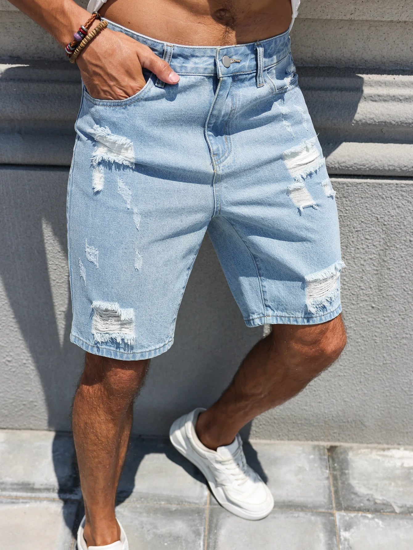 Hole-washed Water Buffalo Denim Short Pants - Men's Trendy Loose Straight Five-Piece Casual Shorts - Summer New Style
