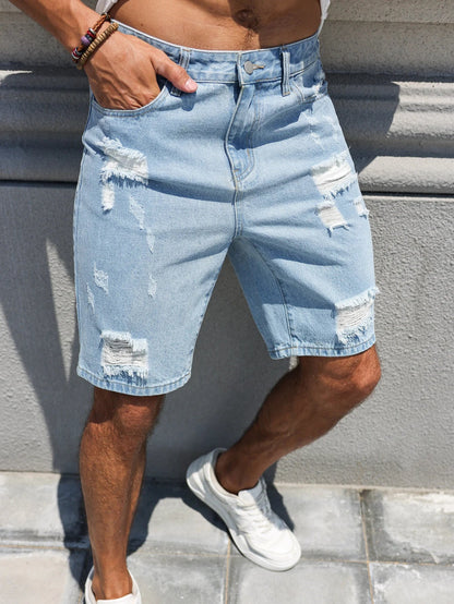 Hole-washed Water Buffalo Denim Short Pants - Men's Trendy Loose Straight Five-Piece Casual Shorts - Summer New Style