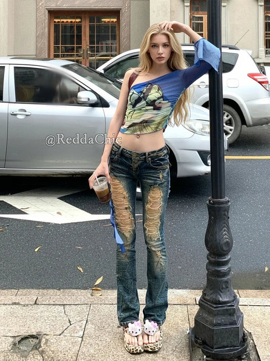Low Waist Skinny Jeans for Women Vintage Distressed Destroyed Holes Stretchy Denim Boot Cut Pants Y2k Gyaru Streetwear
