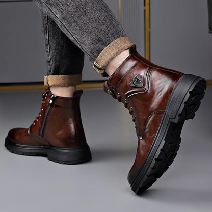British Style Mens Winter Platform Snow Boots Fashion Genuine Leather Outdoor Antiskid Walking Ankle Boots Mens High Top Boots