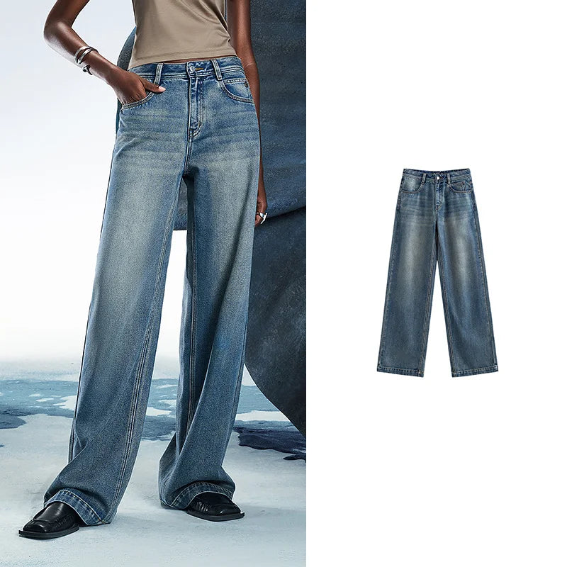 Women Denim Jeans 2025 Spring New Acetate Wide Leg Mid Low Waist Slim Fit Straight Wide Leg Pants