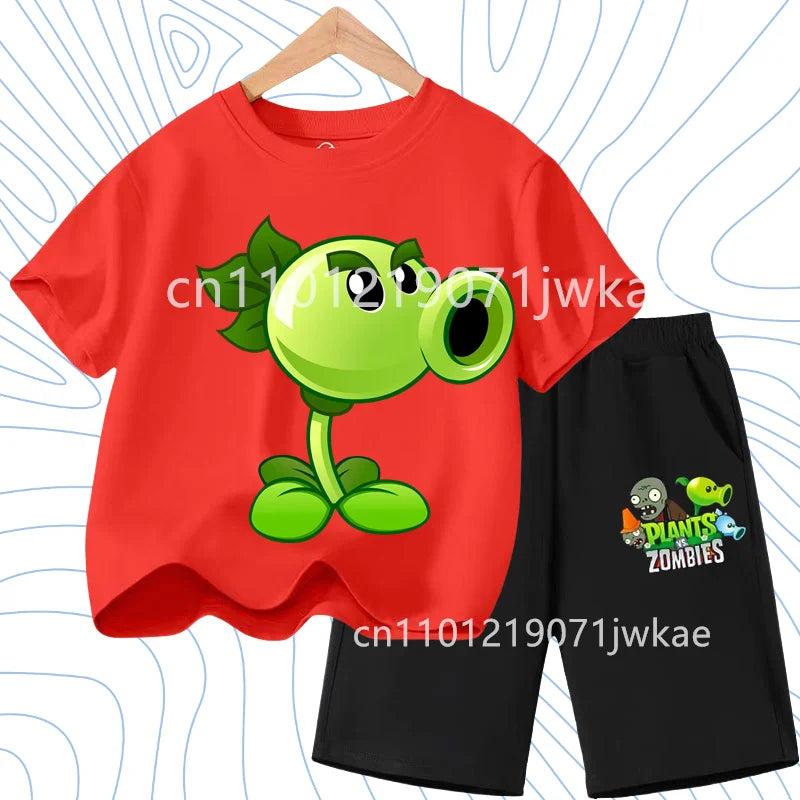 Children's Plants Vs. Zombies Short-Sleeved T-Shirt Set Cotton Summer Fashion Comfortable Top+pants for Boys and Girls
