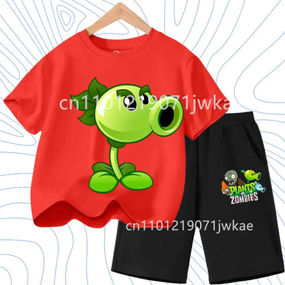 Children's Plants Vs. Zombies Short-Sleeved T-Shirt Set Cotton Summer Fashion Comfortable Top+pants for Boys and Girls