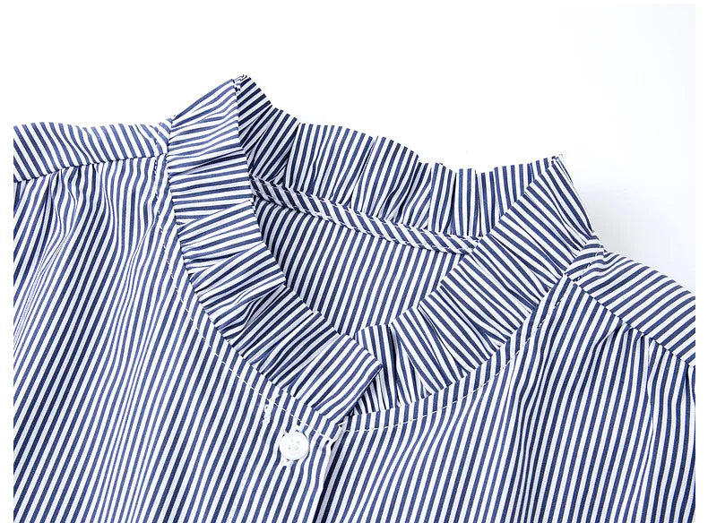 Women's Navy Blue Striped Sleeveless Shirts Office Lady 2026 Spring New Casual Ruffled Stand Neck Female Blouses A3565