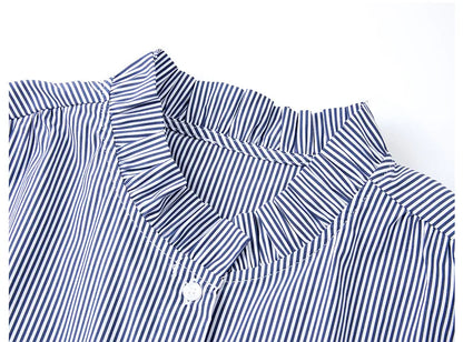 Women's Navy Blue Striped Sleeveless Shirts Office Lady 2026 Spring New Casual Ruffled Stand Neck Female Blouses A3565