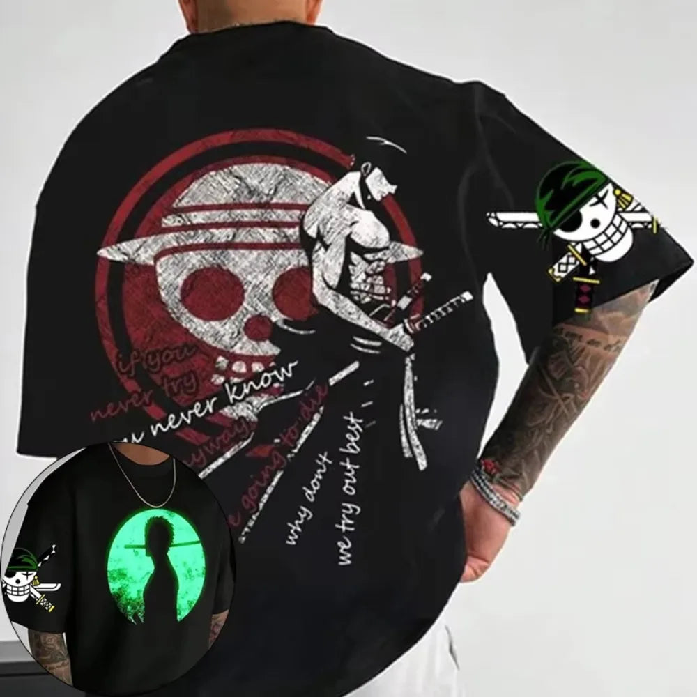 One Piece Summer Men's T-shirt Anime Roronoa Zoro Autumn Boys' Children's Short-sleeved Punk Loose Trendy Parent-child Outfit