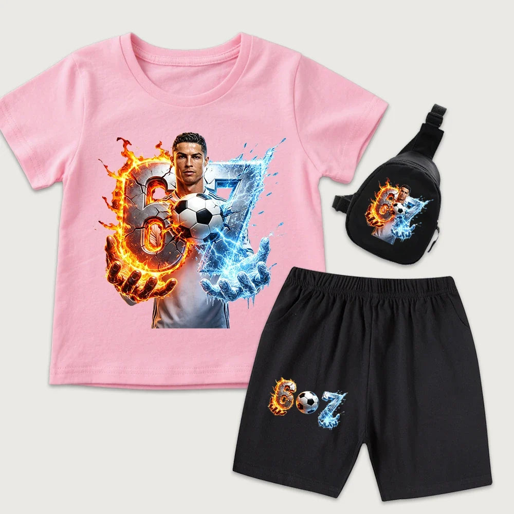 CR7 Ronaldo 67 Print Kids Cotton T Shirt Short Sleeve Casual Top with Mini Chest Bag Set for Boys Girls