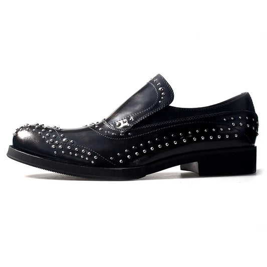 New Shaped Heel Fashion Rivets Leather Shoes Men Handmade Genuine Leather Dress Slip on Loafers Oxfords Office Male Shoes
