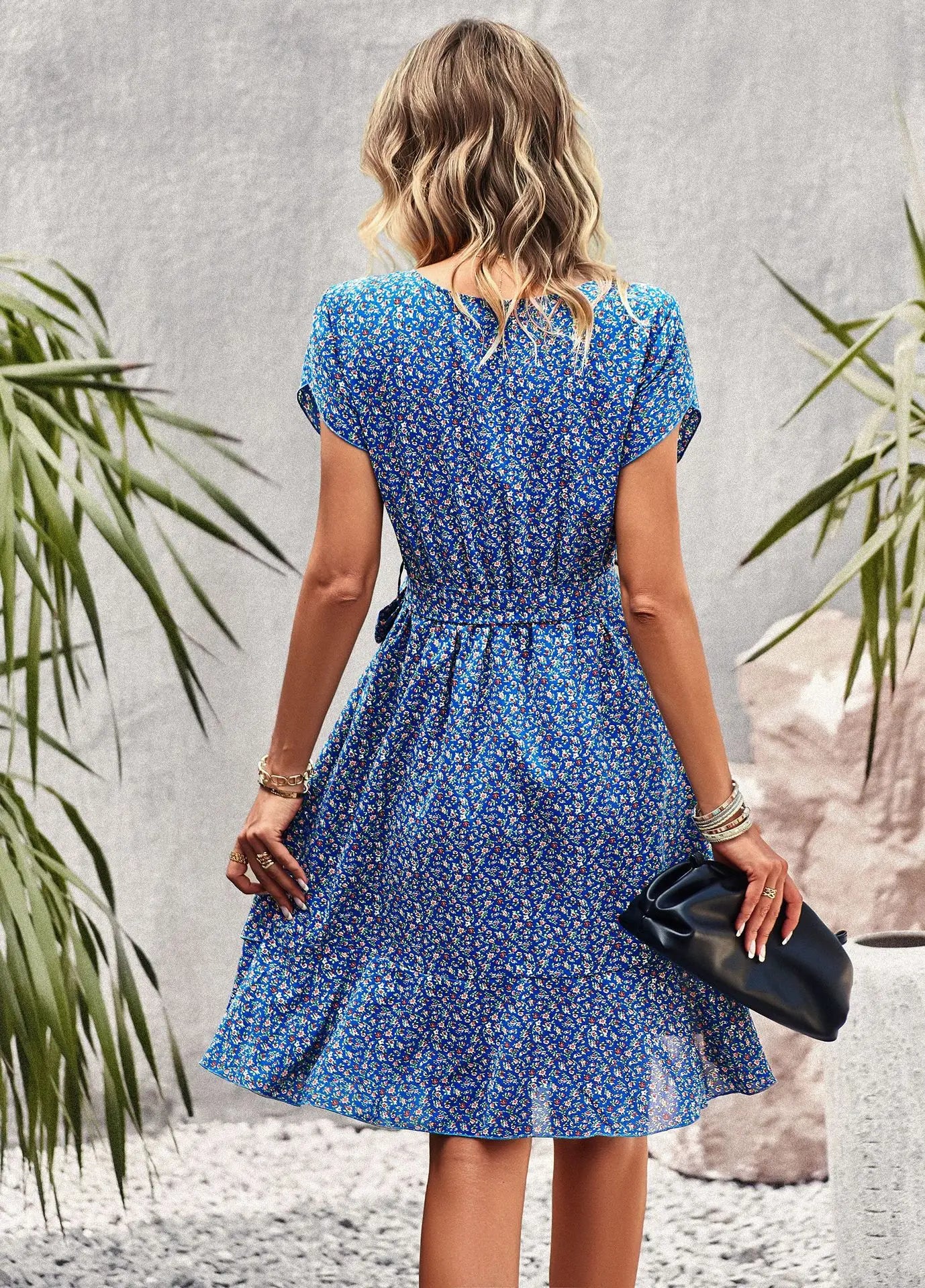 Summer O Neck Casual Printd Women Strap High Waist Pleated Floral Dress