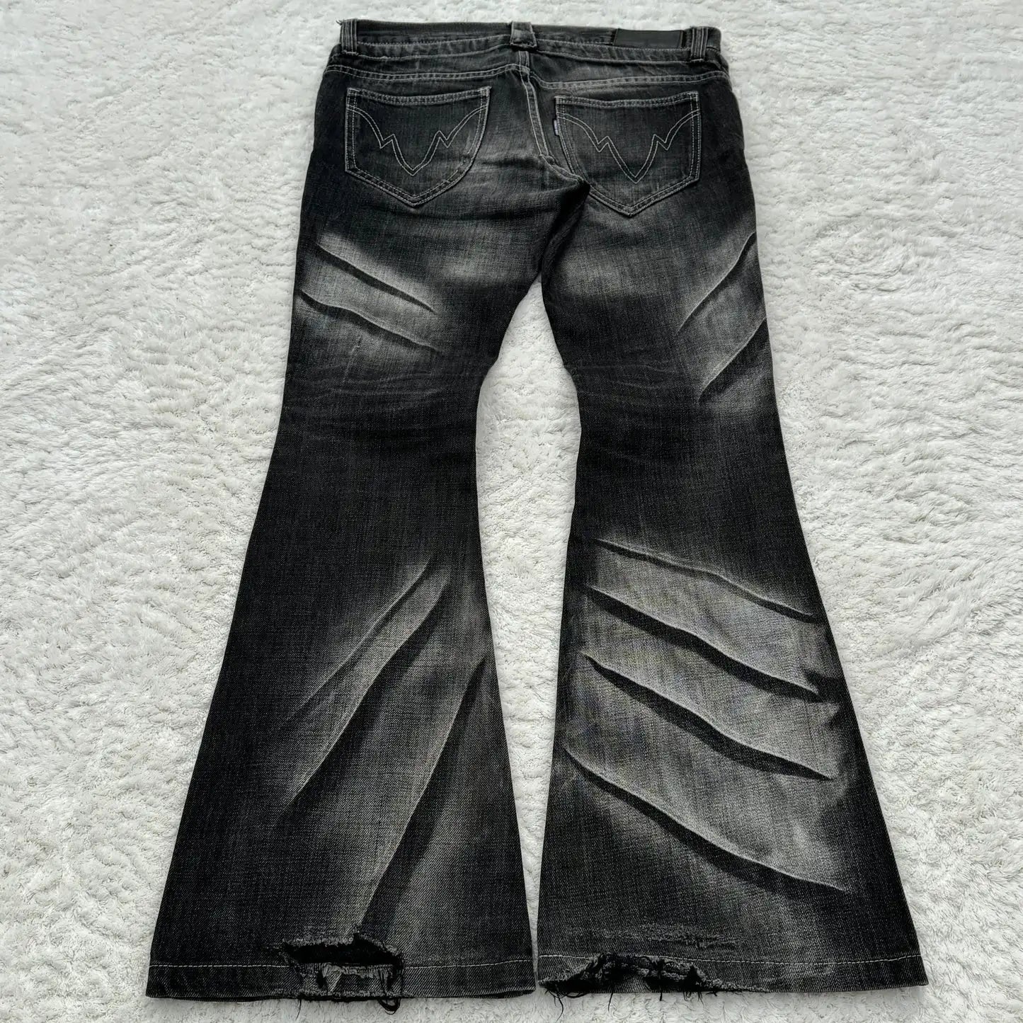 Y2K Distressed Flare Jeans Gothic Men Double Waist Lace Up Denim Pants Retro Washed Scratches Streetwear Unisex Bootcut Jeans