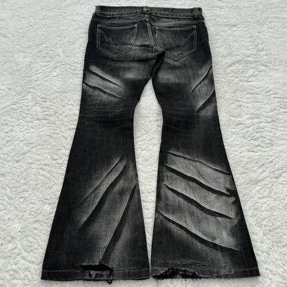 Y2K Distressed Flare Jeans Gothic Men Double Waist Lace Up Denim Pants Retro Washed Scratches Streetwear Unisex Bootcut Jeans