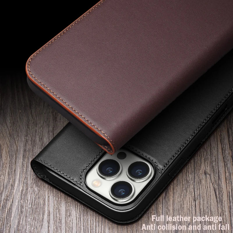 Genuine Leather Flip Case for iPhone 16 Plus Handmade Fashion Cover with Card Slots for iPhone 16 15 14 13 Pro Max 15Pro
