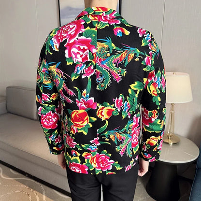 2026 Thin Men's Black Printed Suit Jacket, Asian Size V-Neck Single Button Blazer, Red Nostalgic Style Long Sleeve Cotton Coat.