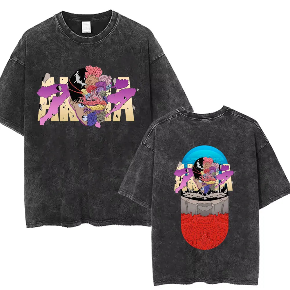Washed Vintage Anime Akira T Shirts Japanese Science Fiction Cartoon Movie Shotaro Kaneda T-shirt Men's Manga Oversized T-shirts